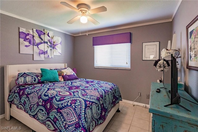 bedroom featuring ceiling fan, crown molding, and light tile patterned floors