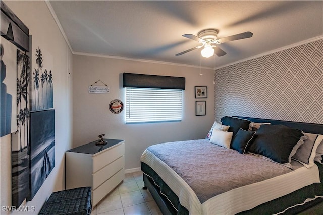 bedroom with ceiling fan, crown molding, and light tile patterned floors