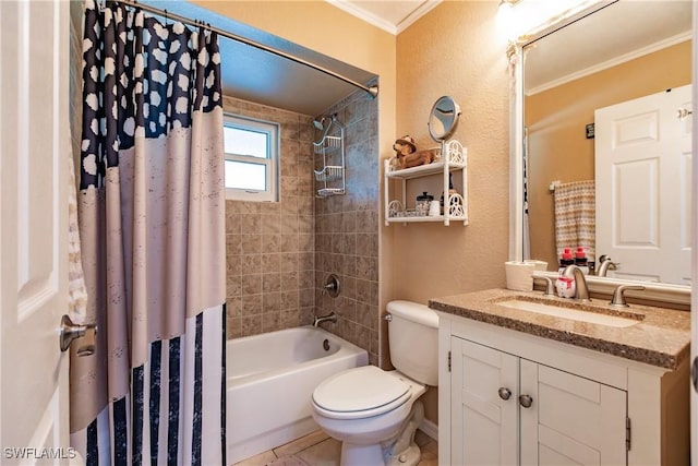 full bathroom featuring shower / tub combo, vanity, toilet, and crown molding