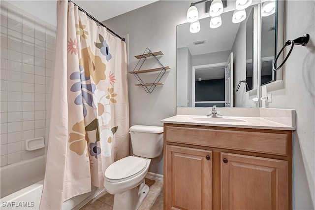 full bathroom with tile patterned flooring, shower / bath combination with curtain, vanity, and toilet