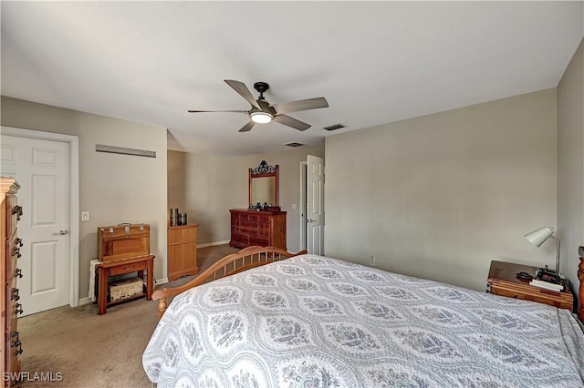 bedroom featuring ceiling fan and light colored carpet