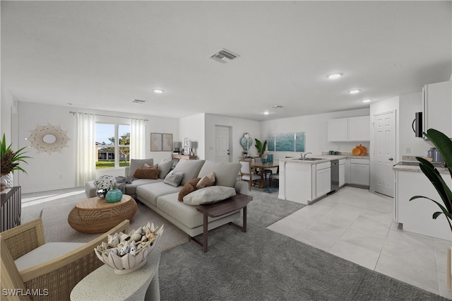 tiled living room with sink