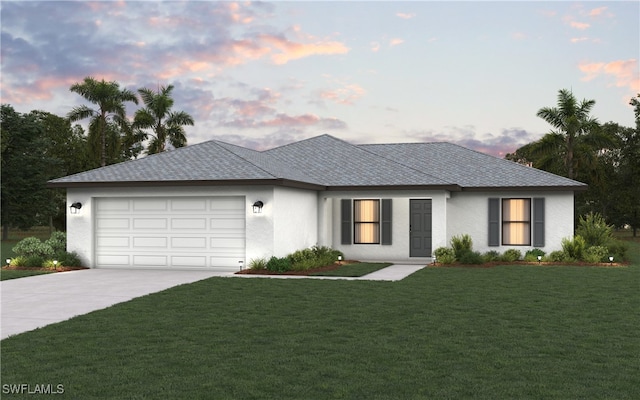 view of front of home featuring a lawn and a garage