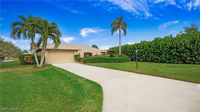 view of front of house featuring a garage, driveway, a front lawn, and stucco siding