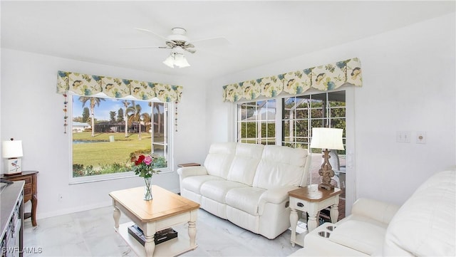 living room with ceiling fan