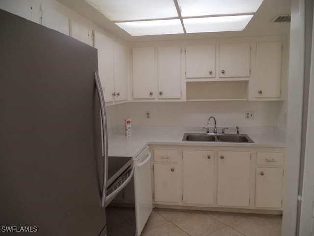 kitchen featuring light tile patterned flooring, sink, white cabinets, and stainless steel appliances