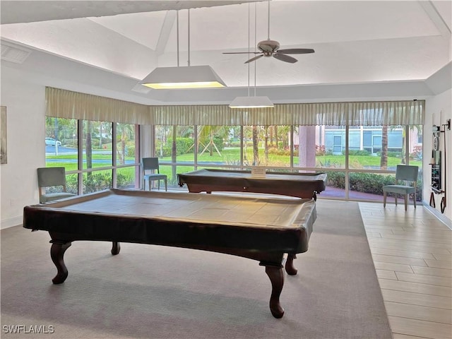 rec room featuring plenty of natural light, pool table, and a ceiling fan