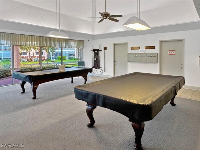 rec room with billiards, plenty of natural light, and a ceiling fan