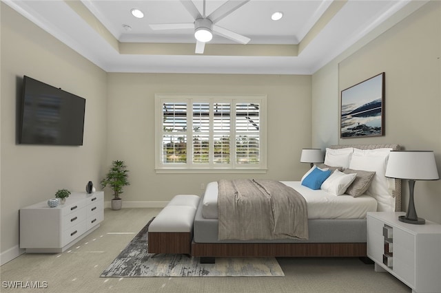 bedroom with ceiling fan and light colored carpet