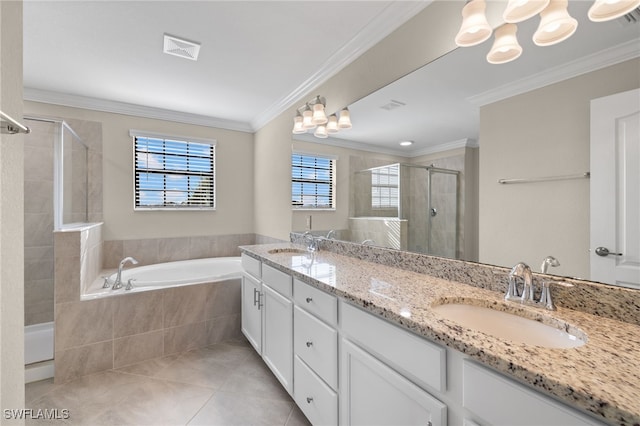 bathroom featuring tile patterned flooring, vanity, independent shower and bath, and ornamental molding