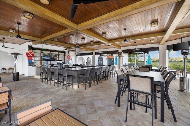 dining area featuring beam ceiling, ceiling fan, coffered ceiling, and wood ceiling