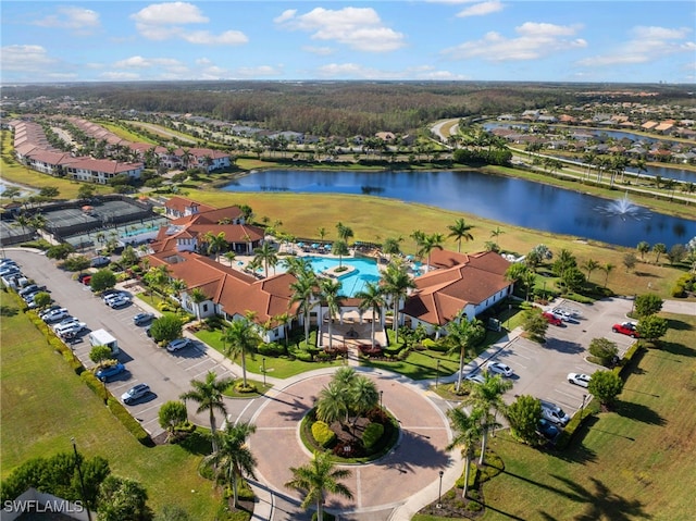 drone / aerial view with a water view