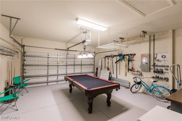 game room featuring concrete flooring, electric panel, and billiards