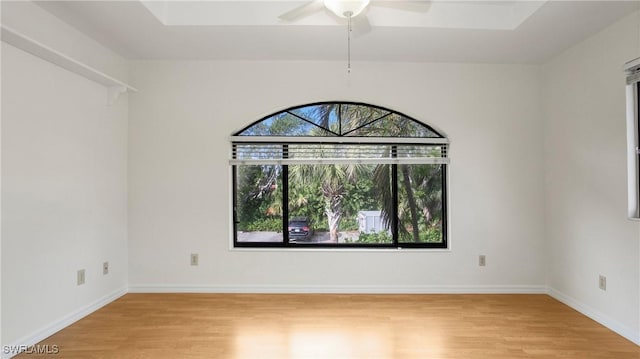 unfurnished room with light wood-type flooring, plenty of natural light, and ceiling fan