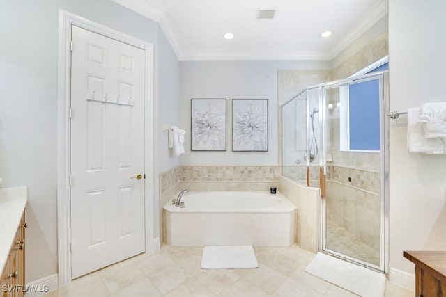 bathroom with tile patterned flooring, vanity, separate shower and tub, and ornamental molding