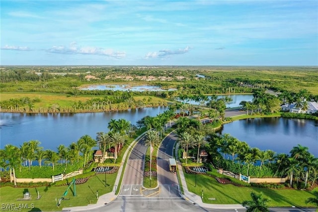 birds eye view of property featuring a water view