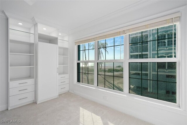 walk in closet featuring light colored carpet