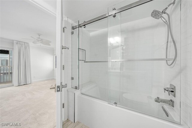 bathroom with ceiling fan and enclosed tub / shower combo