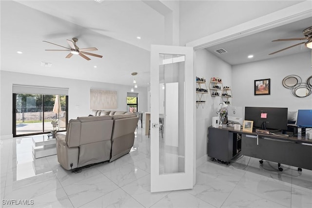 office featuring ceiling fan and washer and clothes dryer