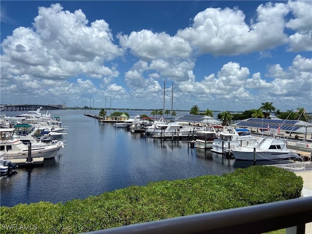 water view featuring a dock