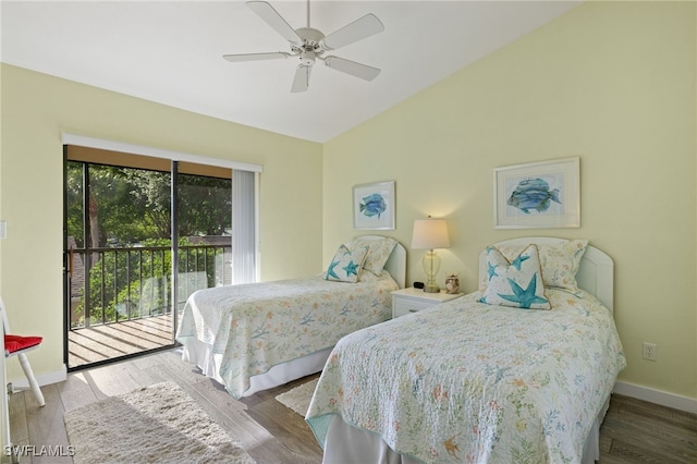 bedroom with access to outside, ceiling fan, light hardwood / wood-style floors, and lofted ceiling