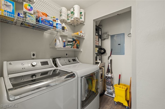 washroom with dark wood-type flooring, electric panel, and washing machine and clothes dryer