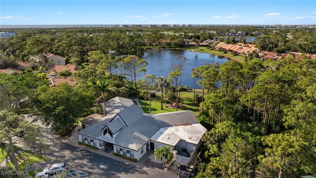 drone / aerial view with a water view