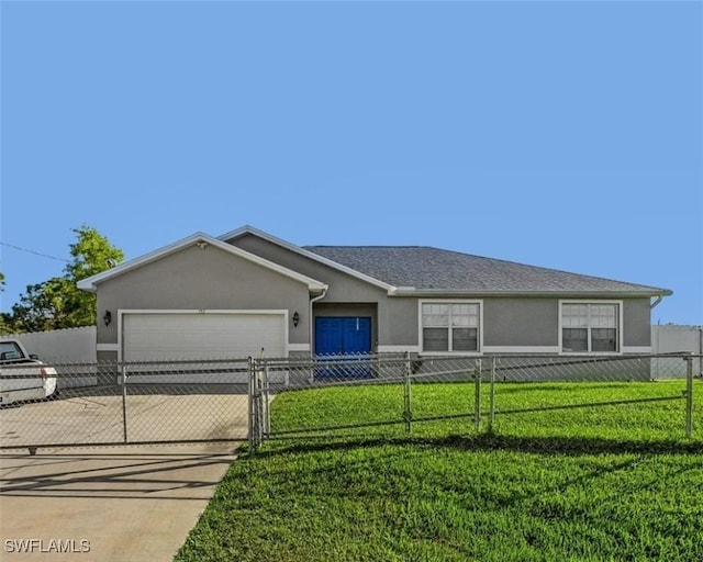 ranch-style home featuring a garage and a front lawn