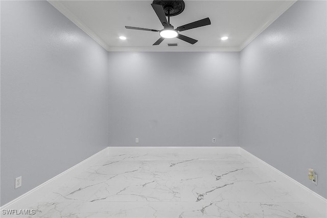 unfurnished room with crown molding and ceiling fan