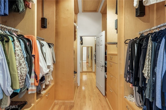 walk in closet with light wood finished floors