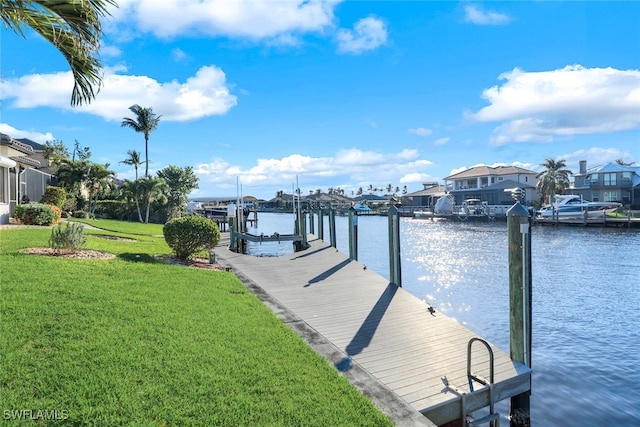 view of dock featuring a lawn, a water view, and a residential view