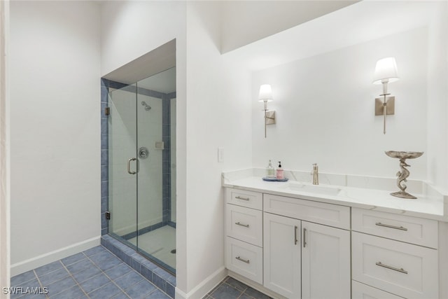 full bath featuring a shower stall, baseboards, tile patterned flooring, and vanity