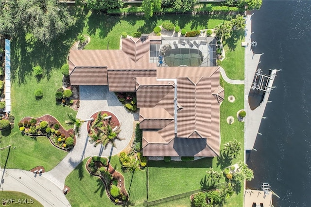 drone / aerial view featuring a water view