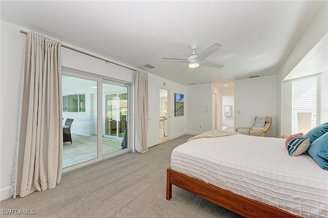 bedroom with access to exterior, light carpet, and ceiling fan