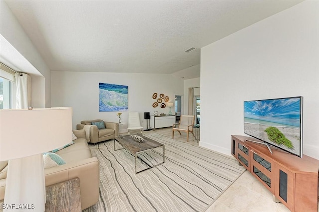 living room featuring a textured ceiling