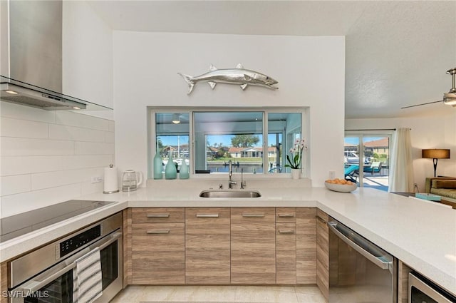 kitchen with appliances with stainless steel finishes, wall chimney exhaust hood, decorative backsplash, ceiling fan, and sink