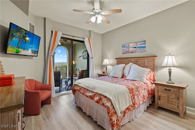 bedroom featuring ceiling fan, access to outside, and light hardwood / wood-style flooring