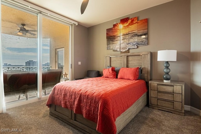 carpeted bedroom featuring access to exterior, a wall of windows, and ceiling fan