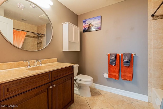 full bathroom featuring tile patterned flooring, vanity, shower / bath combination with curtain, and toilet