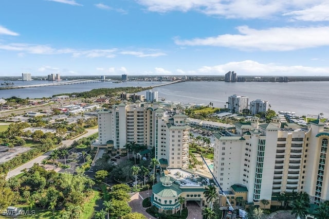 bird's eye view with a water view