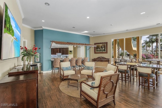 living room featuring crown molding and dark wood-type flooring