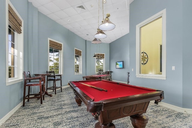 recreation room featuring carpet flooring, a drop ceiling, and pool table