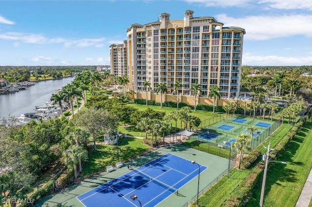 drone / aerial view featuring a water view