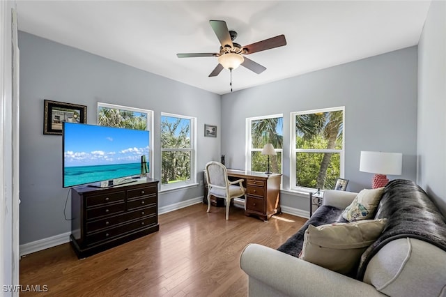 interior space featuring ceiling fan, baseboards, and wood finished floors