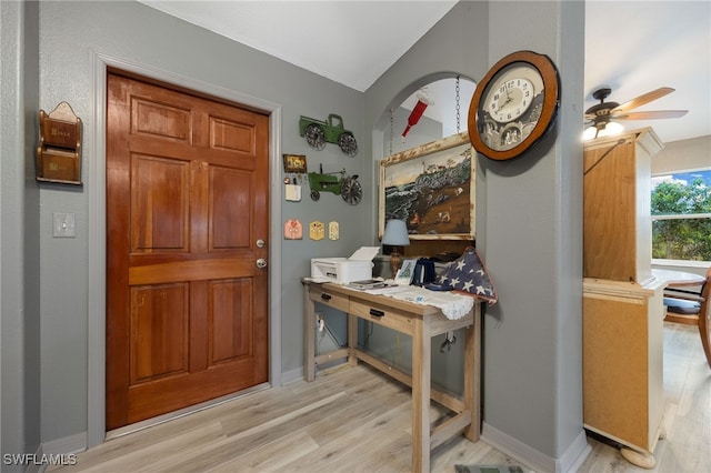 2915 Ortona Locks Rd, Moore Haven, FL 33471 - entryway featuring light wood-type flooring, lofted ceiling, and ceiling fan