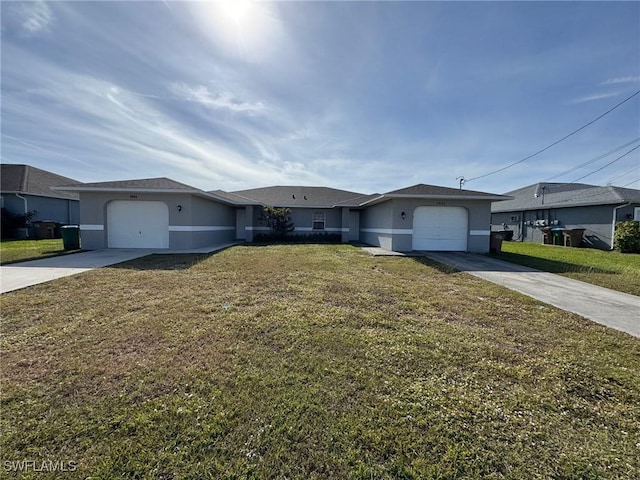 ranch-style home featuring a garage and a front lawn