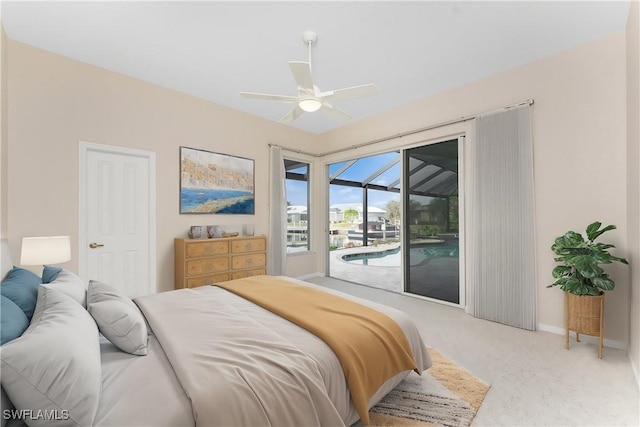 bedroom featuring carpet, ceiling fan, and access to outside