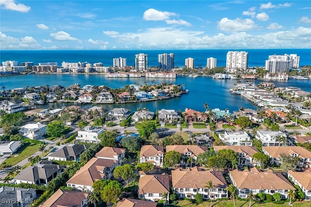 drone / aerial view featuring a water view