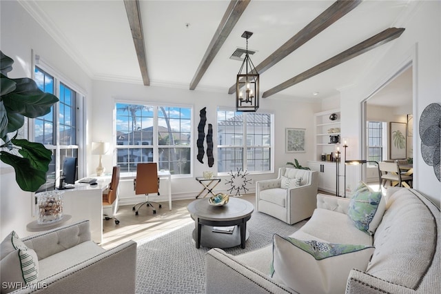 living room with beam ceiling, crown molding, hardwood / wood-style floors, and an inviting chandelier