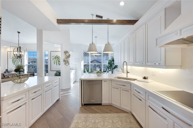 kitchen with white cabinetry, dishwasher, sink, an inviting chandelier, and pendant lighting